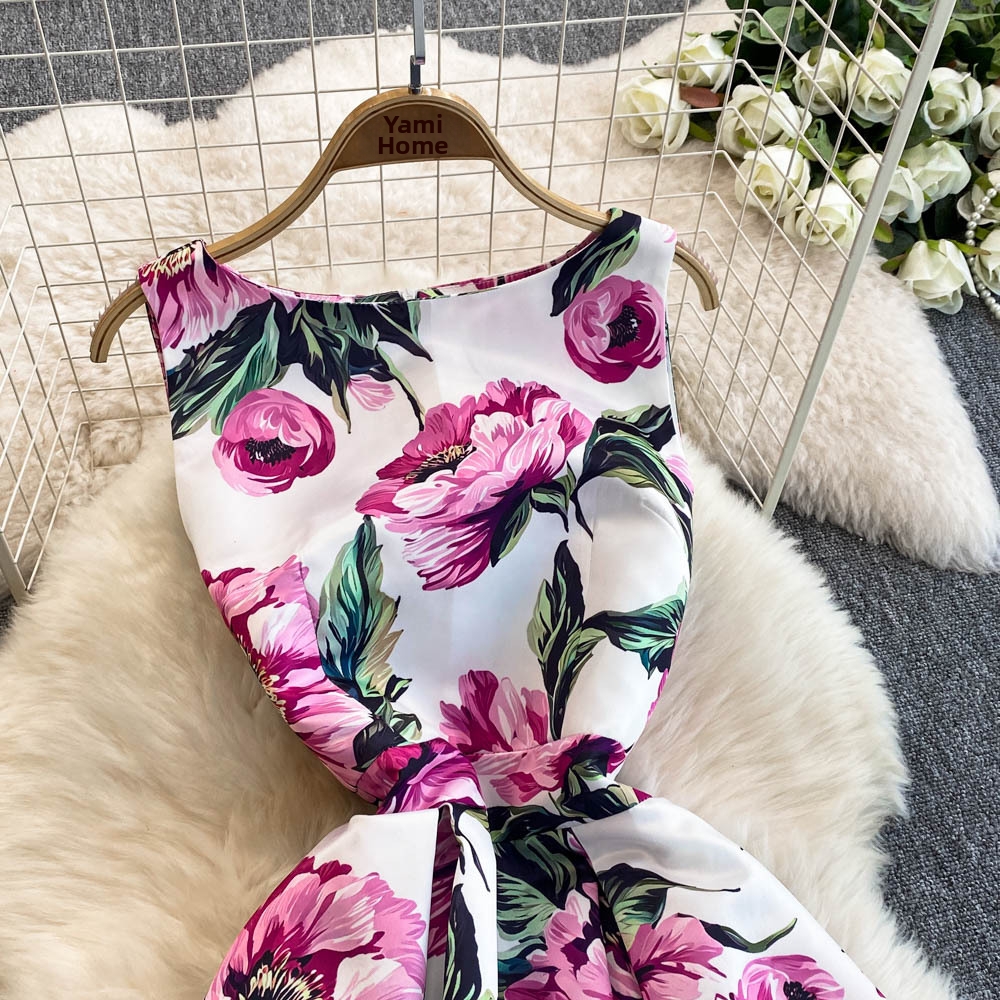 High-End Women's Sleeveless Dress European American Style Fashion Print round Neck Fitted Waist Pleated Full Skirt_ecoleips.com
