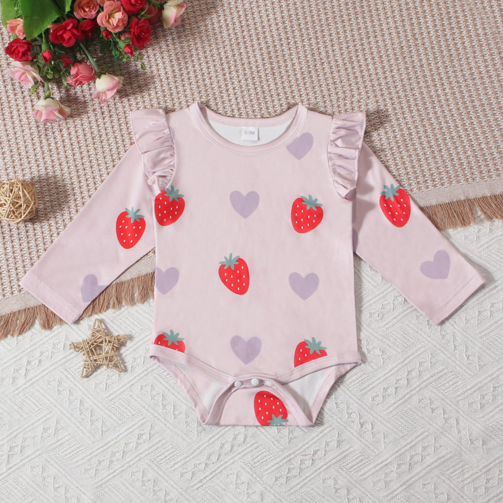 Langärmliger Strampler für Mädchen, Kinderbekleidung im europäischen und amerikanischen Stil, Frühling/Herbst, Erdbeermuster, Dreiecks-Krabbelanzug für Kinder_voghion.com