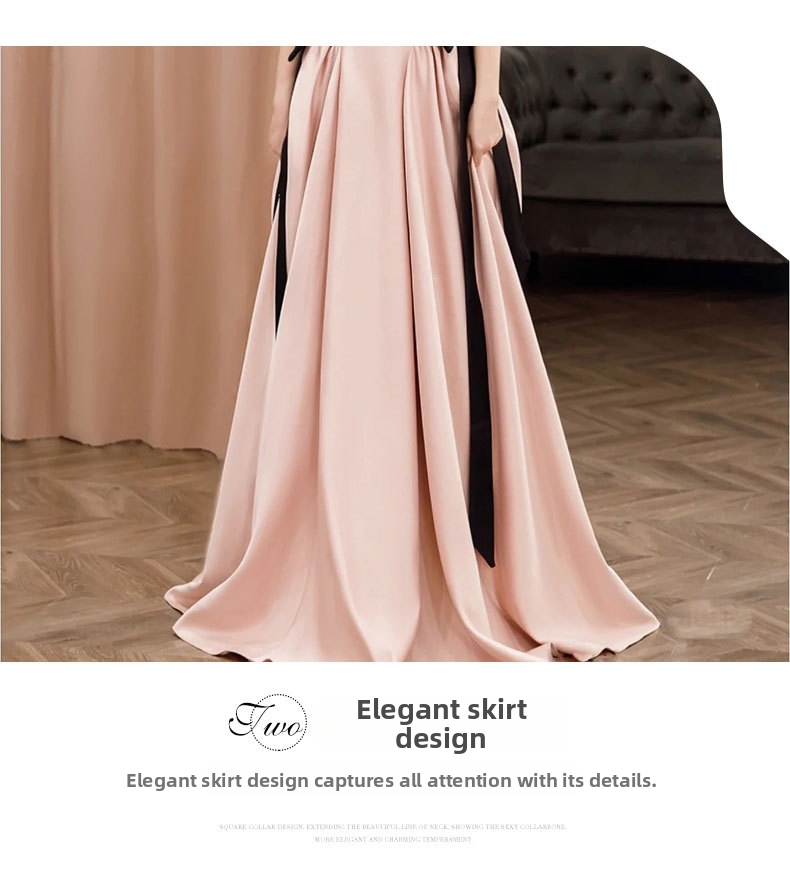 Elegante abito da sera in raso rosa con spalle scoperte per sposa_voghion.com