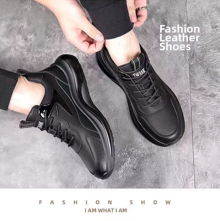 Chaussures décontractées épaisses pour hommes, tige en cuir, style printemps-automne, course à pied, sport, chaussures de style « dad shoes » avec doublure polaire, polyvalentes_voghion.com