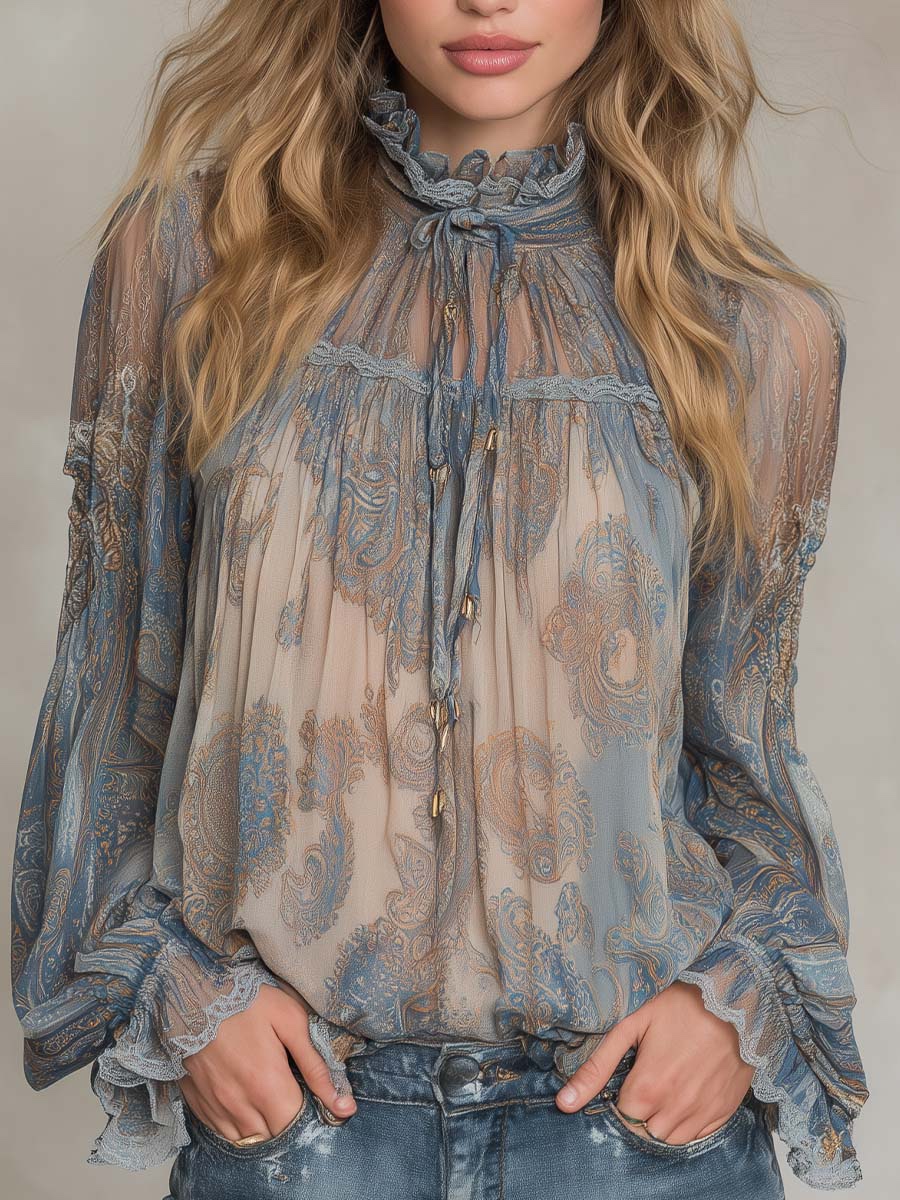 2025 European-style Autumn New Fresh Elegant Babydoll Shirt With Bamboo Flower Print And Small High Collar_ecoleips.com