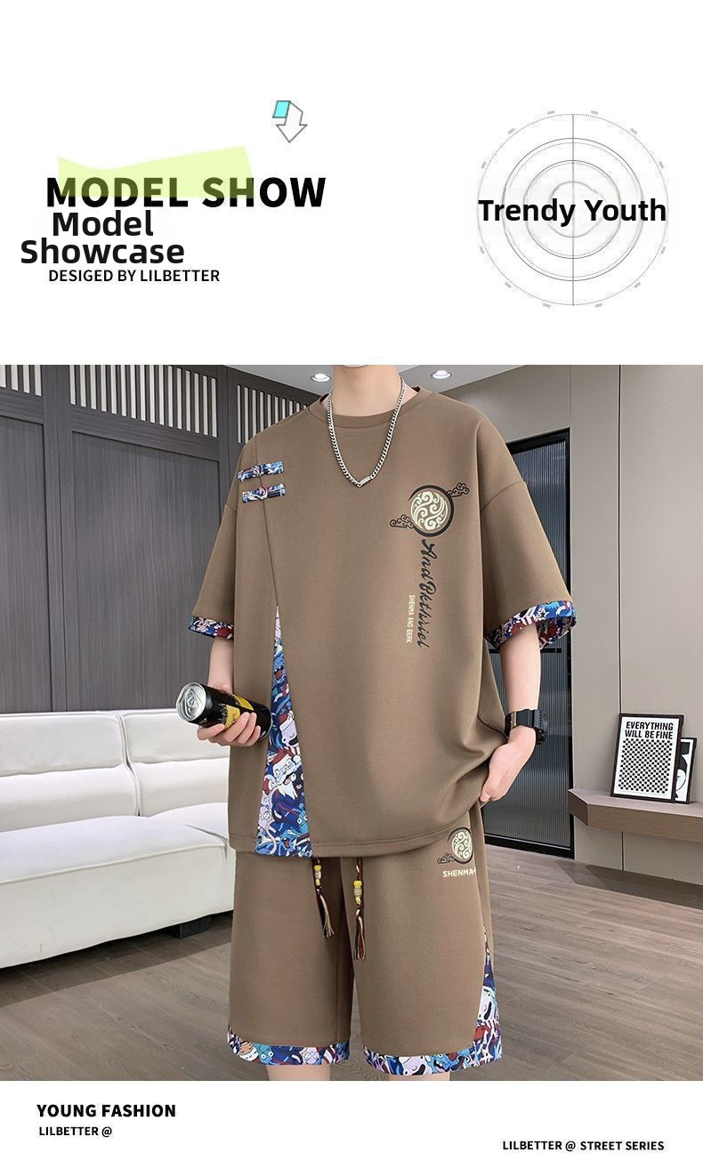 Men's Casual Sports Suit Short Sleeve High End Fashion Summer Trendy Light Luxury Black Gray Khaki Cotton Polyester Set_viptrois.com