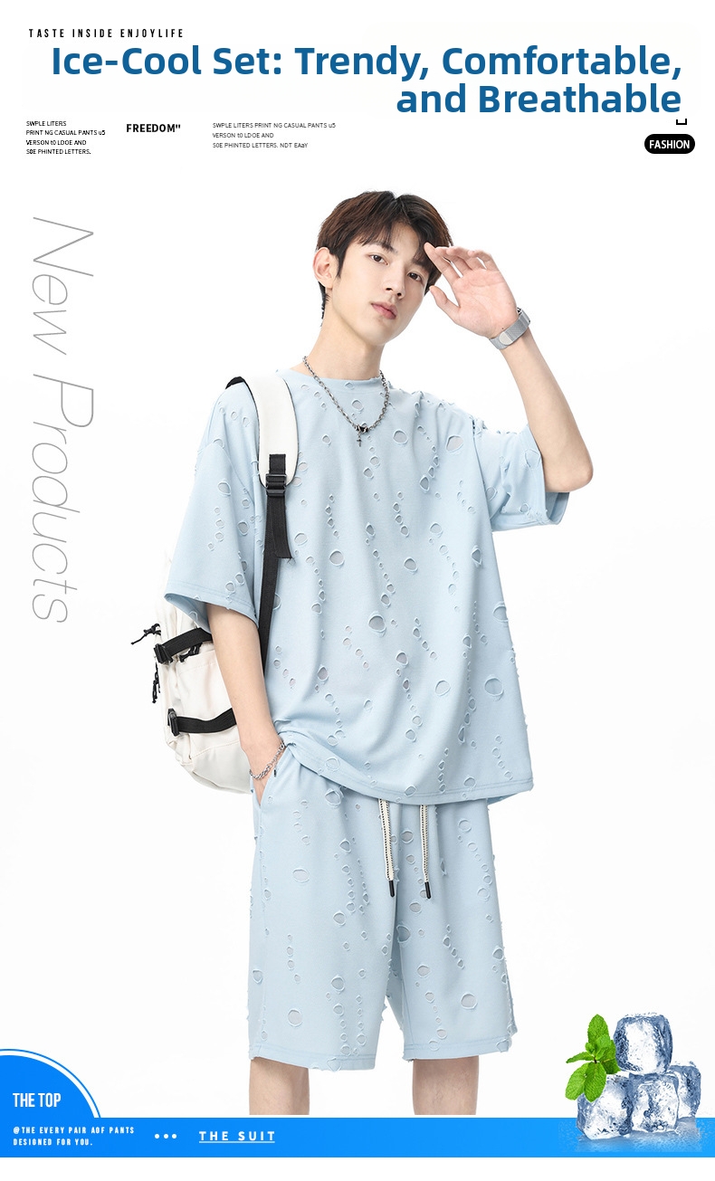 Men's Clothing Men's Ripped Summer Sports Set Thin Casual Trendy Short Sleeved Shorts With Cool Stylish Design_viptrois.com