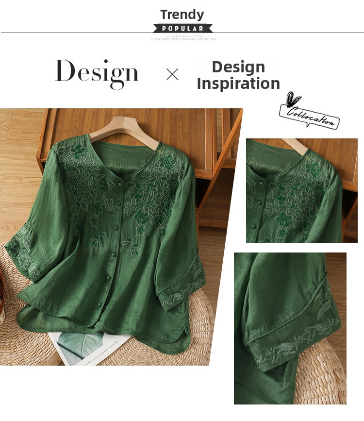 Damen Bluse Im Chinesischen Stil Mit Stickerei Und V-ausschnitt_voghion.com