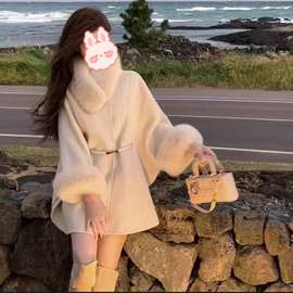 秋冬新款狐狸毛领羊绒毛呢斗篷大衣女感毛呢外套图片色