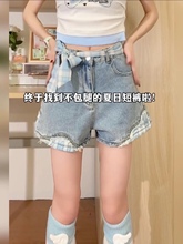 自然涩蓝白格子蝴蝶结拼接短裤女夏季新款少女感浅色热裤显瘦裤子