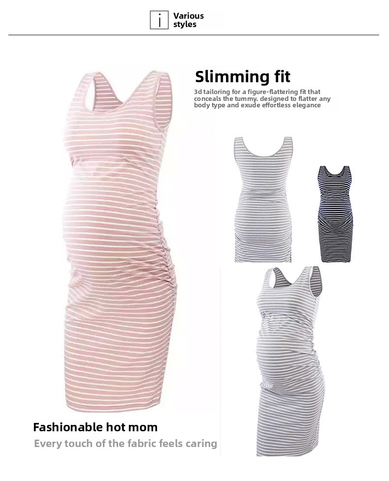 Popular European And American Summer New Women's Clothing Comfortable Loose Round Neck Sleeveless Striped Maternity Dress_ecoleips.com