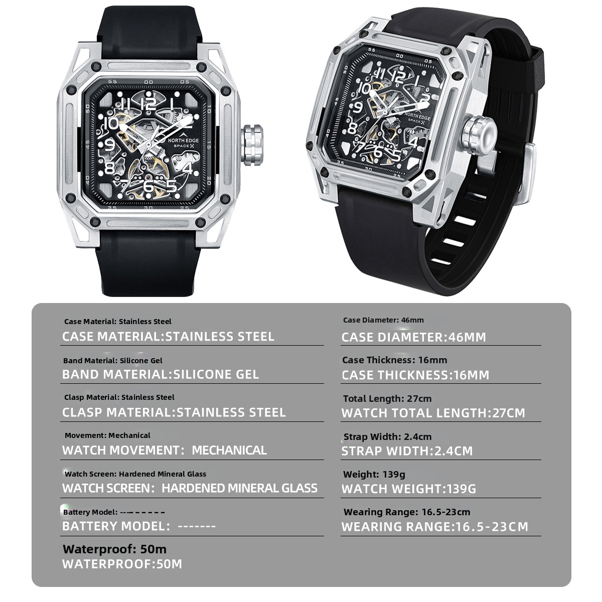 Square Men's Stainless Steel Mechanical Watch Waterproof Luminous Design Seagull Movement Balance Wheel Skeletonized Wristwatch_voghion.com