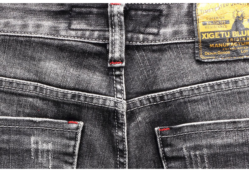Retro European American Men's Jeans Distressed Vintage Black Gray Washed Slim Fit Straight Leg mid Waist Cotton Street Style_viptrois.com