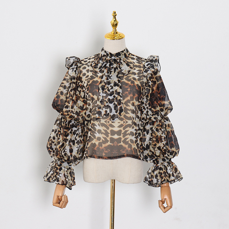 Damen Bluse Aus Transparentem Chiffon Mit Puffärmeln Und Stehkragen_voghion.com