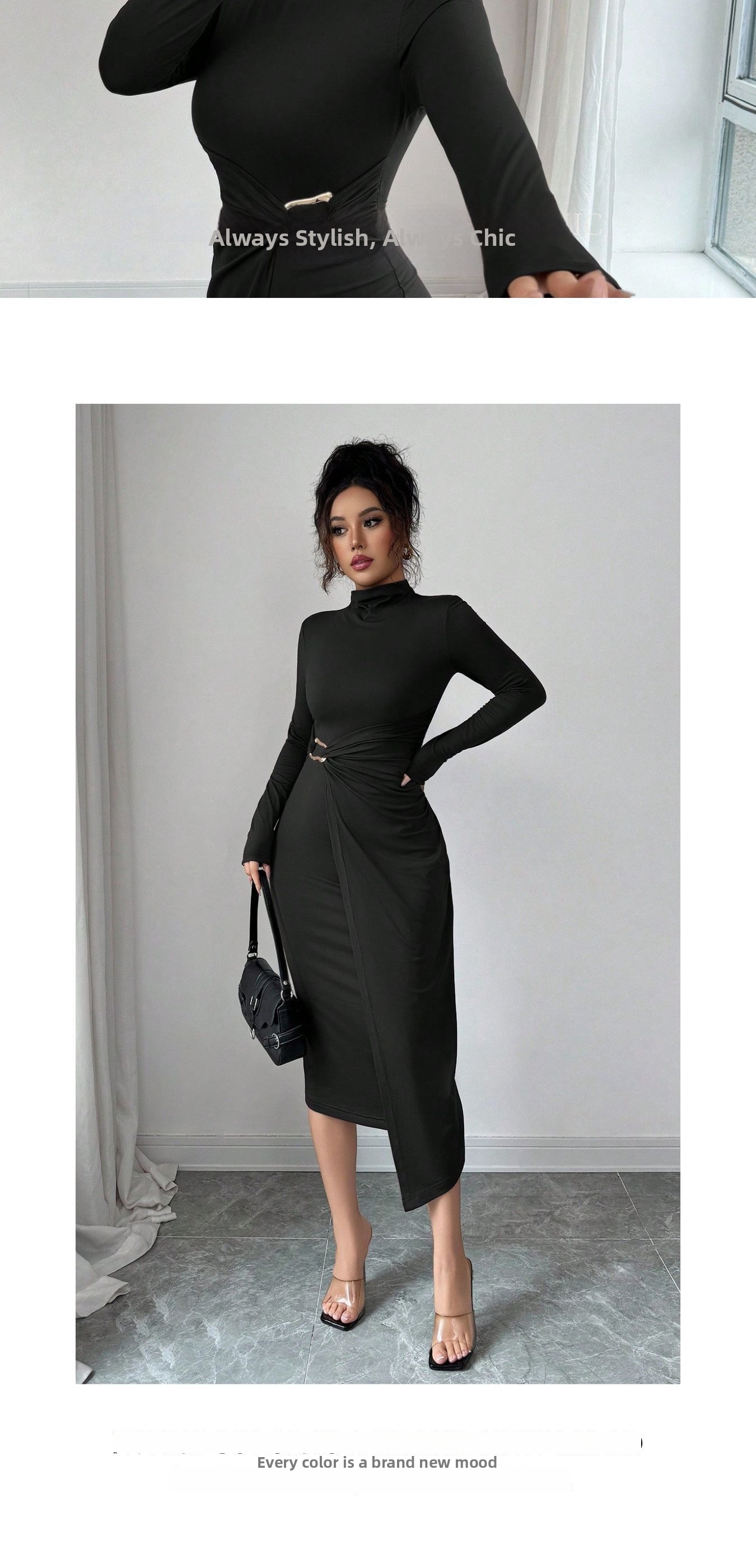 Spring New Arrival Women's Stand Collar Knitted Dress Solid Color Slim Fit Metal Button Style_ecoleips.com