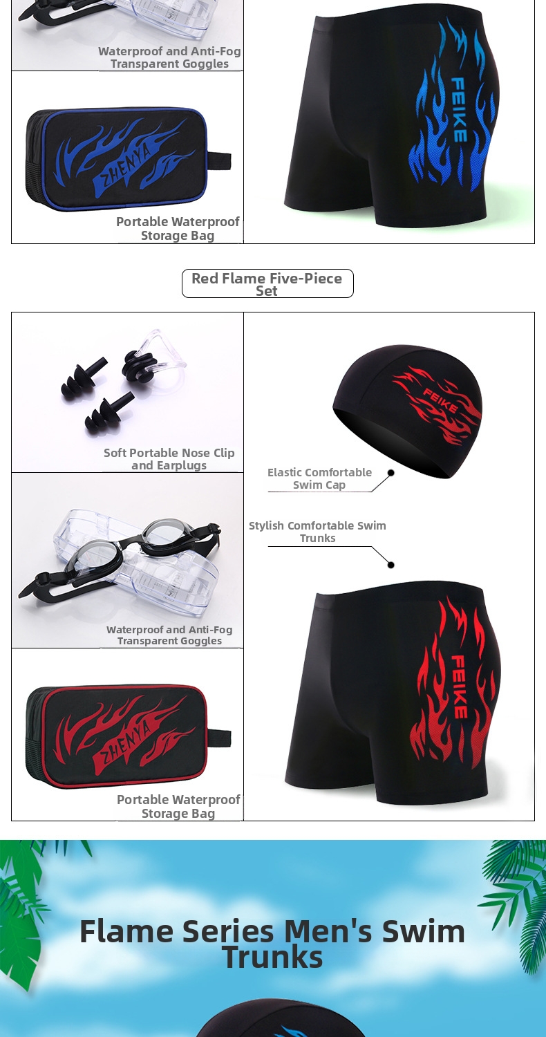 Zwembroek voor heren in grote maten, sneldrogend, comfortabel badpak voor volwassenen met vlammenpatroon, complete set voor warmwaterbronnen inclusief zwembril en badmuts._voghion.com