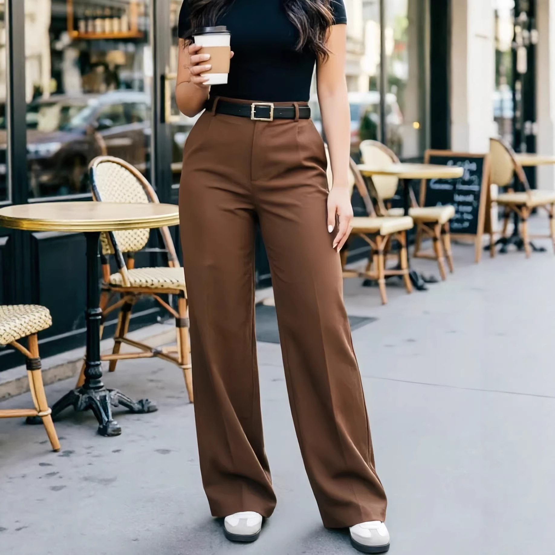Women's High Quality Drape Straight Leg Pants With Belt Versatile Solid Color Casual Suit Long Pants_ecoleips.com