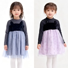 特价日单童装尾货110-130女孩长袖连衣裙中小童网纱拼接裙子造型