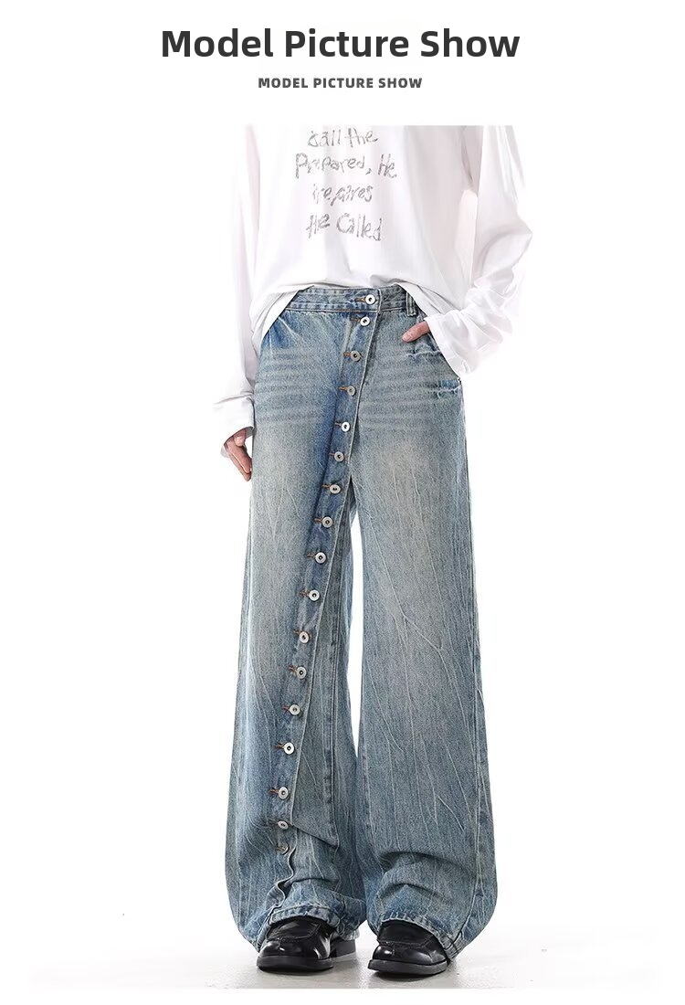 Vintage Washed Denim Jeans For Men And Women, Relaxed Fit Straight Leg Trousers With Button Fly, Comfortable Loose Wide Leg Pants_viptrois.com