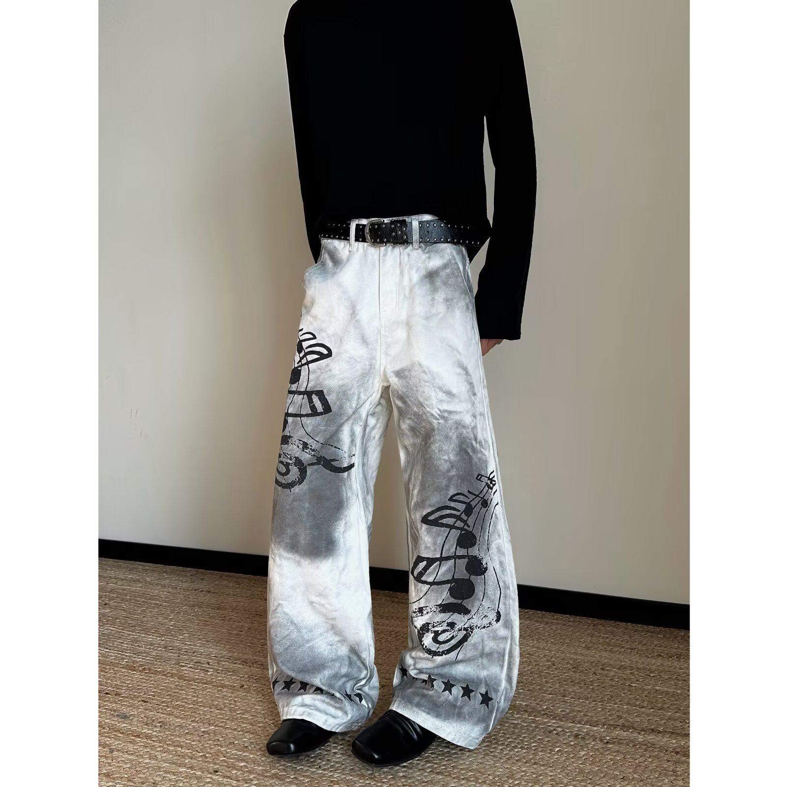 Men's Retro Hip-Hop Jeans With Musical Note Print - High Street Loose Fit Denim Pants For Casual Wear_mkmklike.com