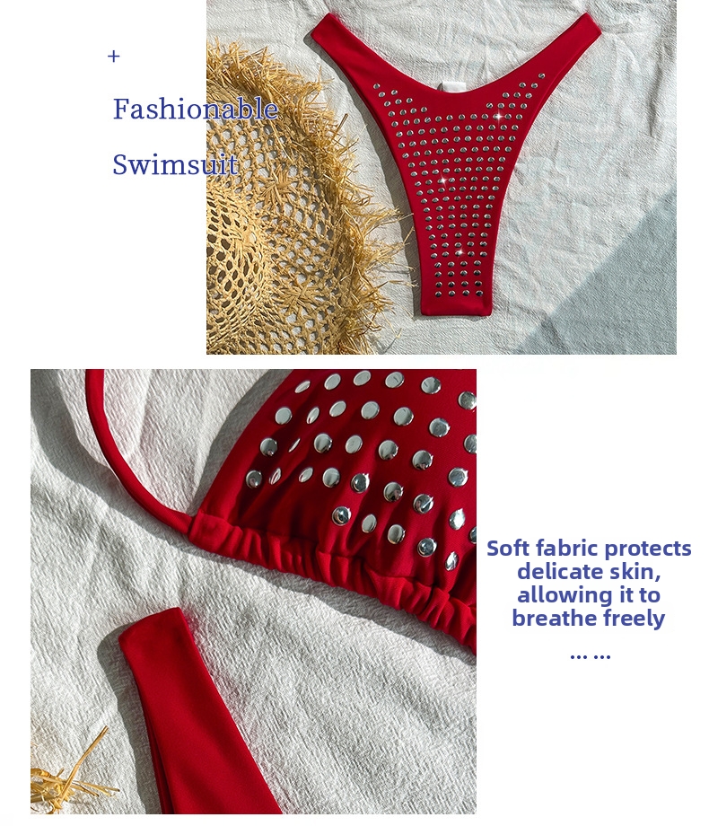 Women's Clothing Women's Sexy Rhinestone Bikini Two Piece Solid Color Strappy Swimsuit Style For Beach Vacation_ecoleips.com