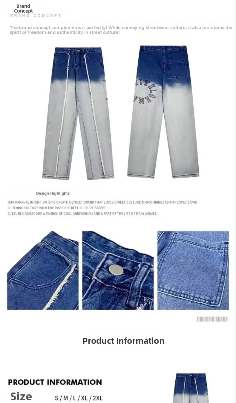 Men's Retro Washed Straight Leg Jeans High Street Style Gradient Design Spring Cool Wide Leg Trousers_mkmklike.com