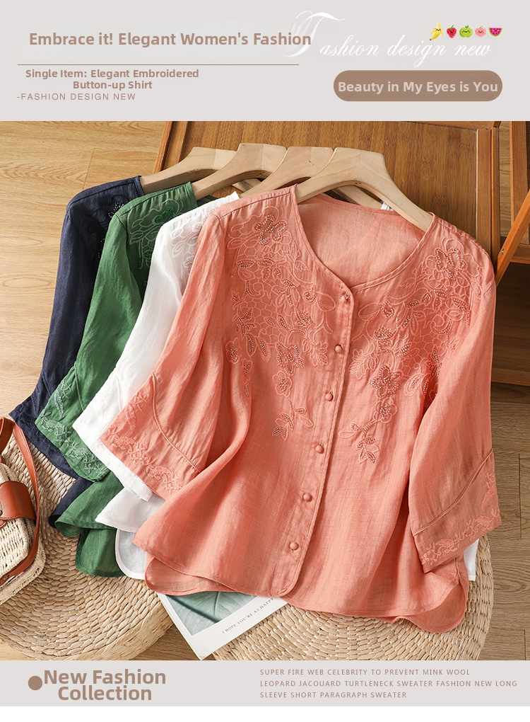 Damen Bluse Im Chinesischen Stil Mit Stickerei Und V-ausschnitt_voghion.com