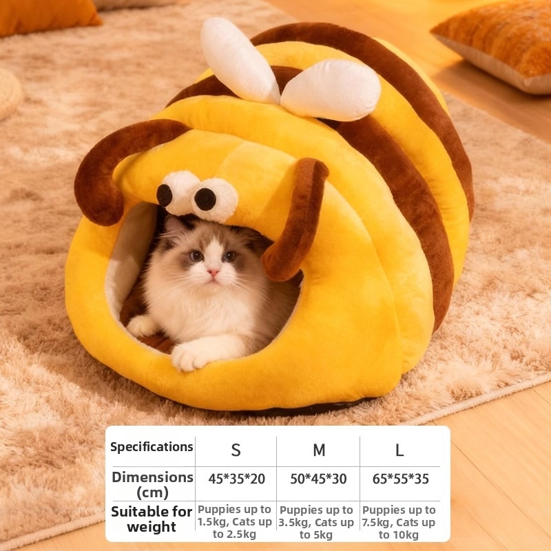 Joli panier pour chat en forme d'abeille, chaud et épais, avec couverture fermée pour chaton pour un sentiment de sécurité._voghion.com