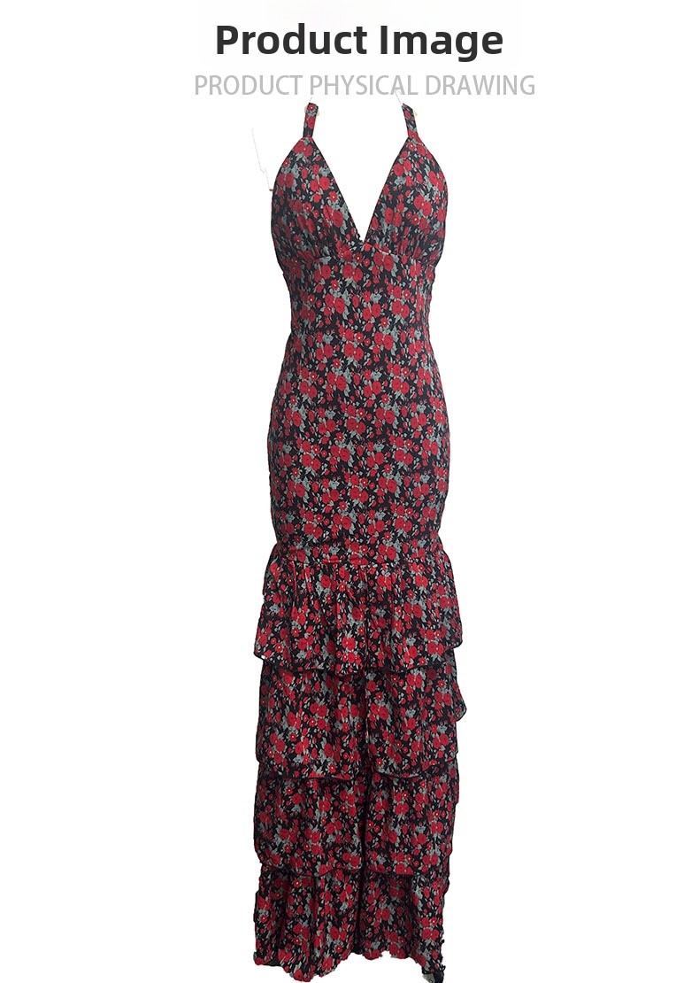 Summer Fashion Printed Dress Backless Multi Layered Hem V Neck Elegant Classy Women's Straps Export Style_ecoleips.com