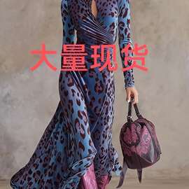2026跨境亚马孙跨境开叉豹纹长款长袖包臀 女连衣裙