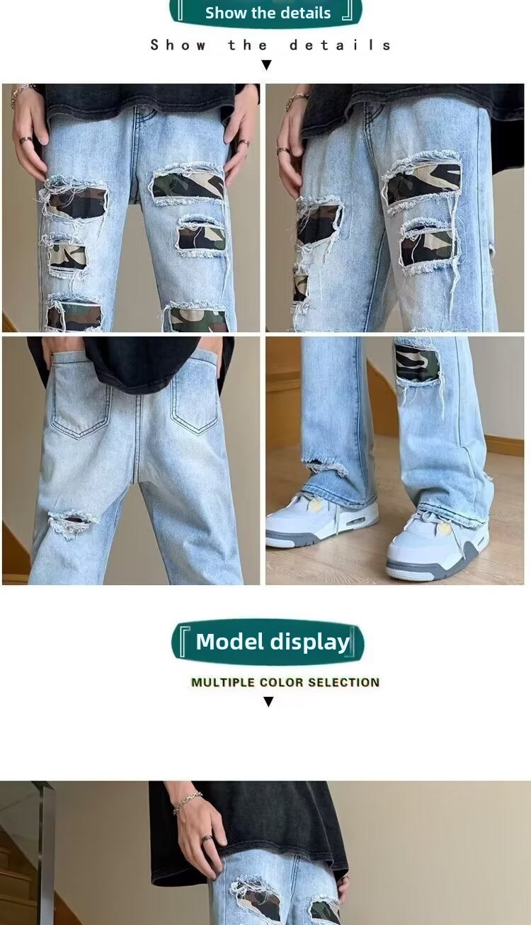 Men's Heavyweight Retro Distressed Light Blue Jeans Casual Edgy Straight Leg Loose Fit Wide Leg Trousers_mkmklike.com