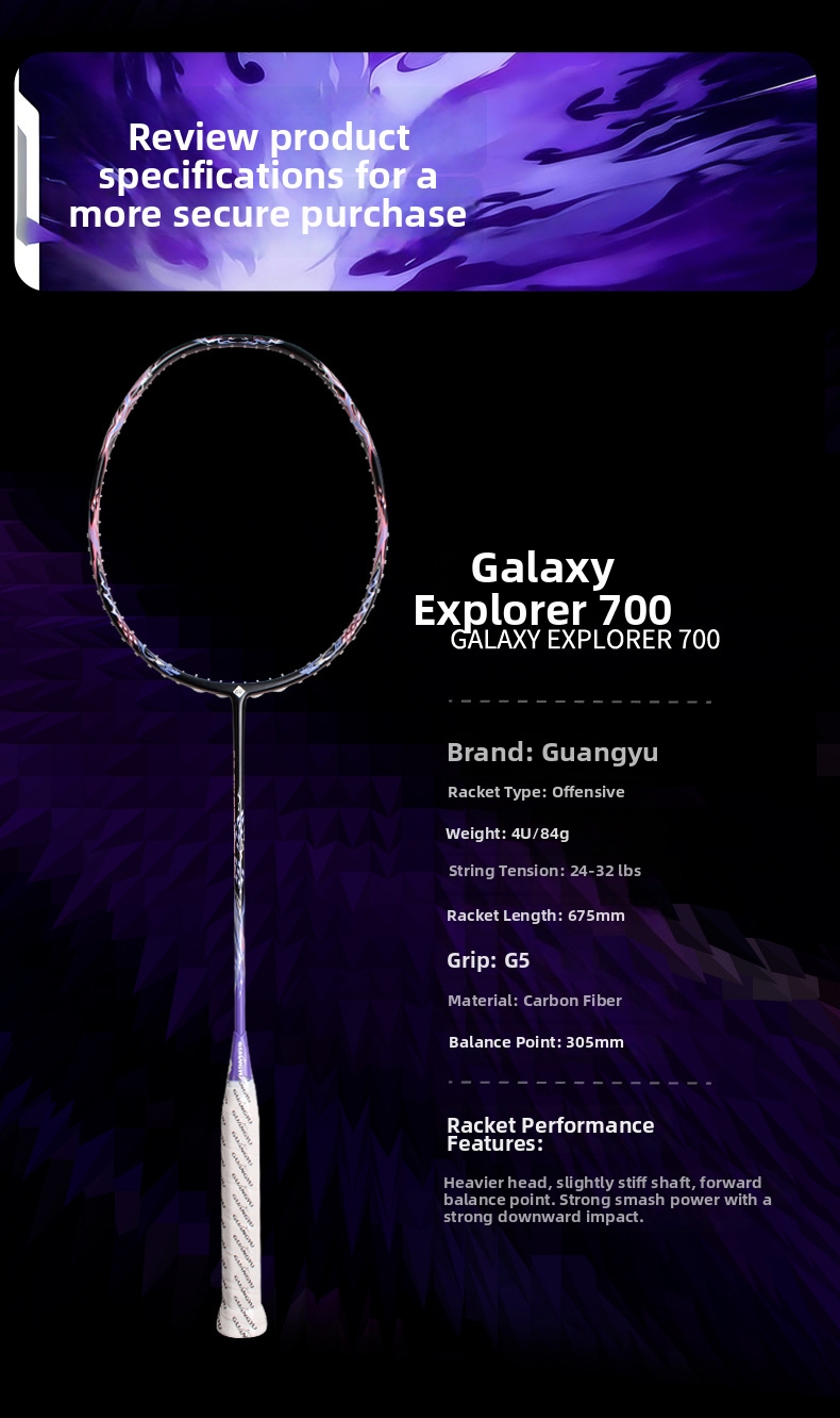 Galaxy 700 kolfiber badmintonracket ultralätt hög spänning_voghion.com