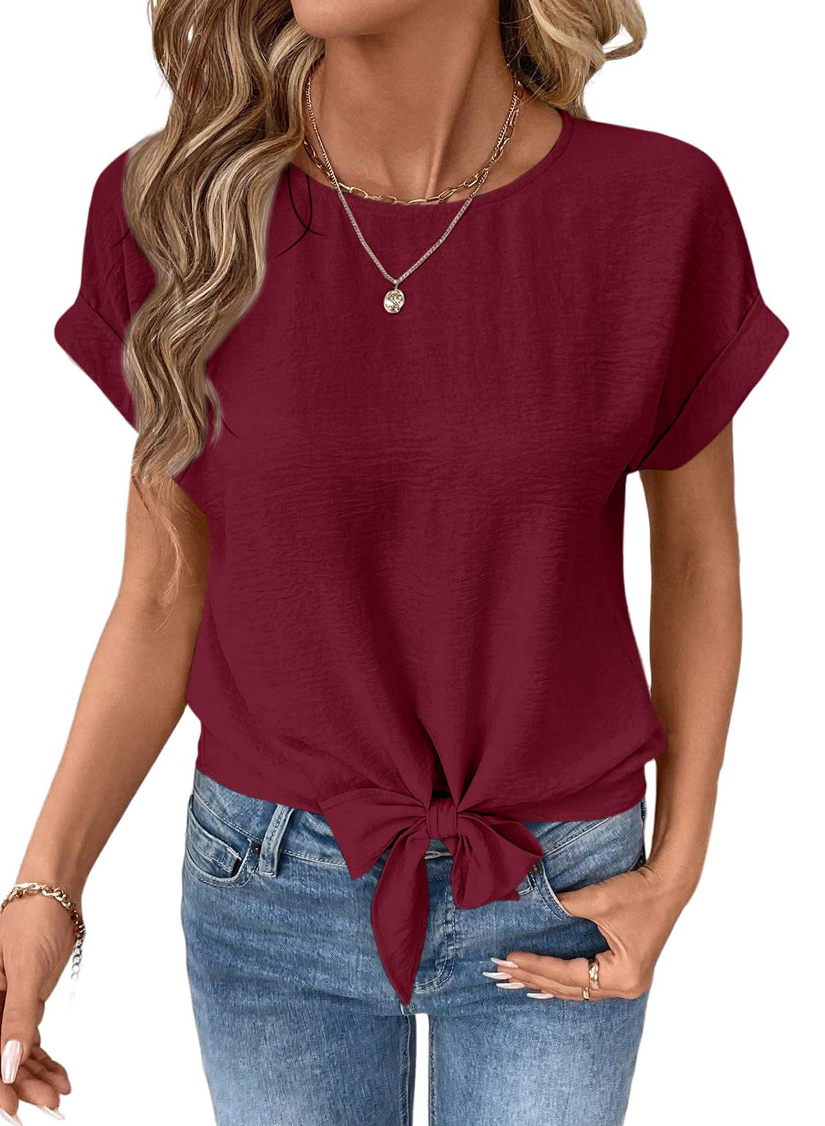 Elegante camicetta da donna con orlo a fiocco e girocollo per ufficio_voghion.com
