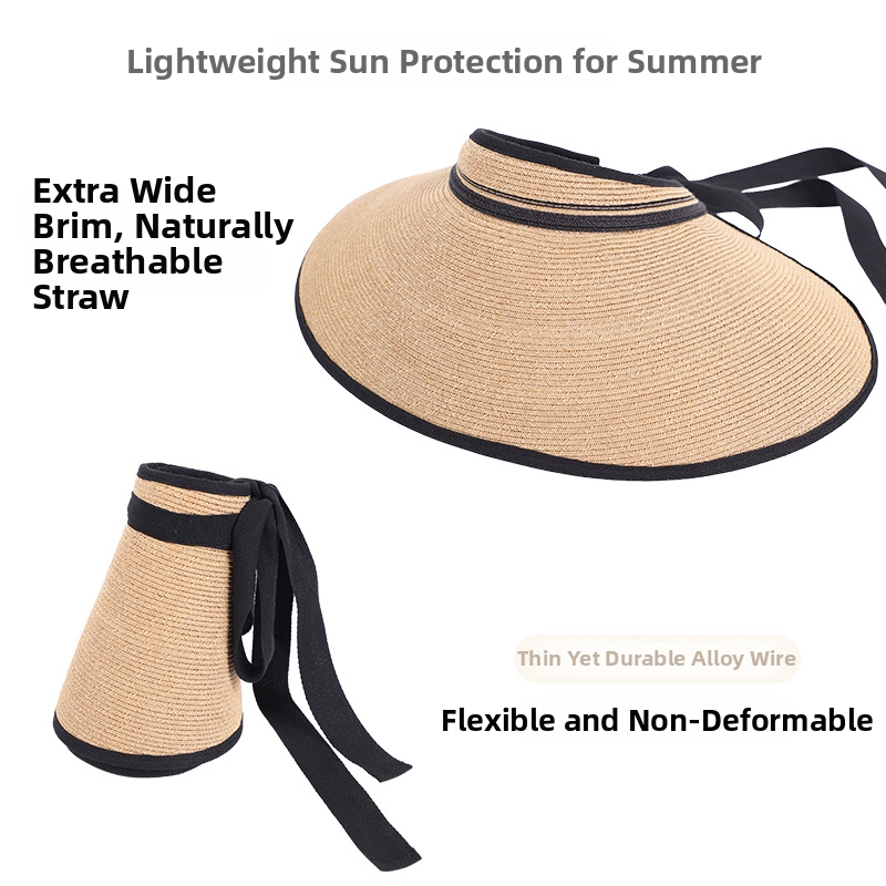 Sommer-Strohhut für Damen mit UV-Schutz, breiter Krempe, Gesichtsbedeckung, offenem Dach, maßgefertigt, Sonnenschutz, Outdoor-Hut_voghion.com