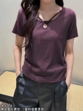 8505高档雪花螺纹夏装新款时尚方领设计感短袖显瘦遮肉T恤福利