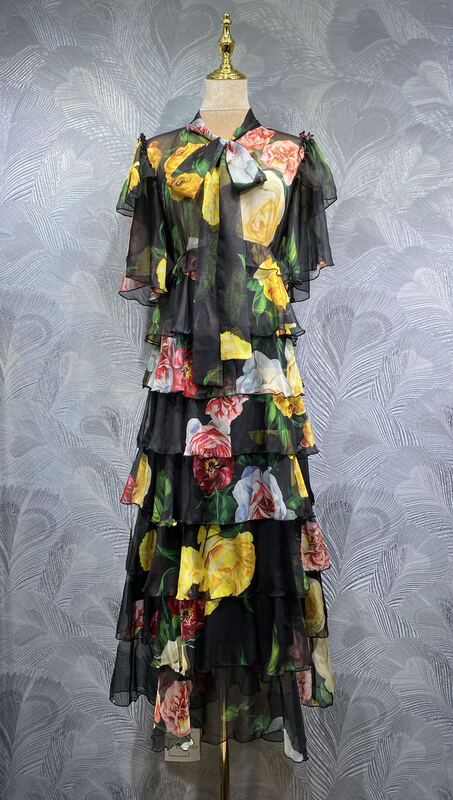 Fengpingying Export Women's Clothing 2025 New Summer Bow Tie Printed Multi-Layered Long Dress Ready for Sale