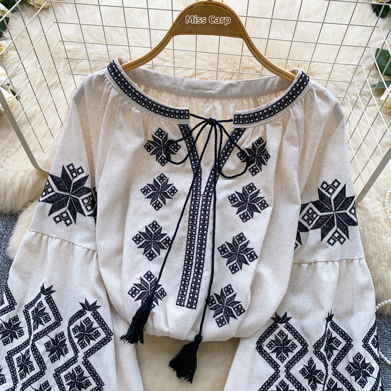 Women's Bohemian Style Tie Waist Blouse Korean Summer Loose Fit Top Heavy Embroidery Lantern Sleeve Slimming Blouse_ecoleips.com