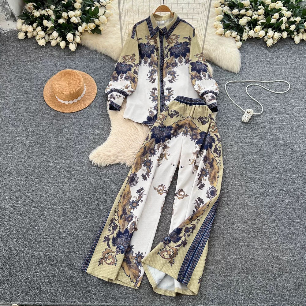 Women's European Style Chic Printed Shirt And Pants Set Casual Long Sleeve Loose Fit High Waist Wide Leg Straight Pants Autumn Wear_ecoleips.com