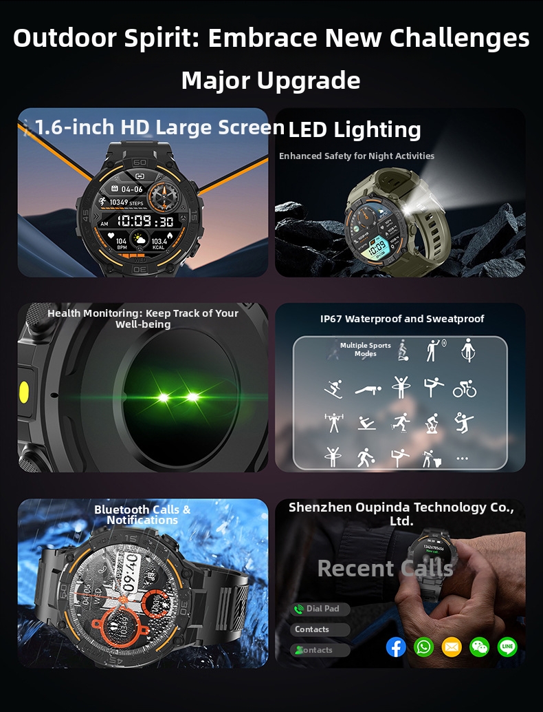 Smartwatch con luce LED, monitoraggio della frequenza cardiaca e della pressione sanguigna, schermo grande da 1,52 metri, impermeabile, chiamate Bluetooth, nuovo._voghion.com