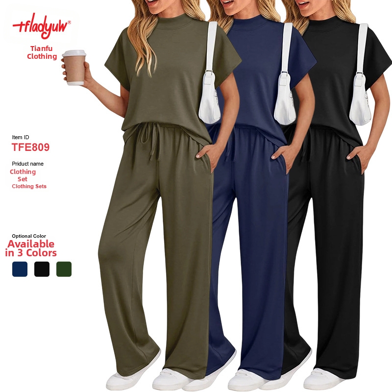 Lässiges Damen-Set: Kurzarm-Top und weite Hose – einfarbige Loungewear & Streetstyle-Outfit_voghion.com