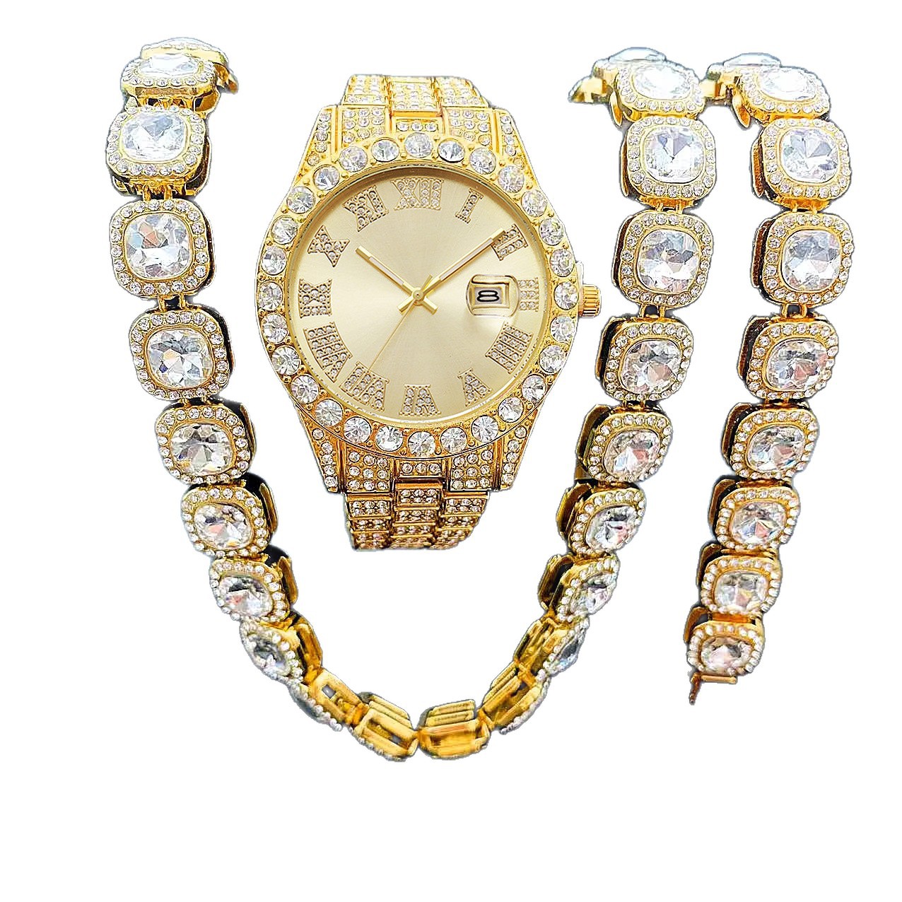 Ensemble montre-bracelet/collier britannique orné de diamants style hip-hop, style rock candy, produit d'usine._voghion.com