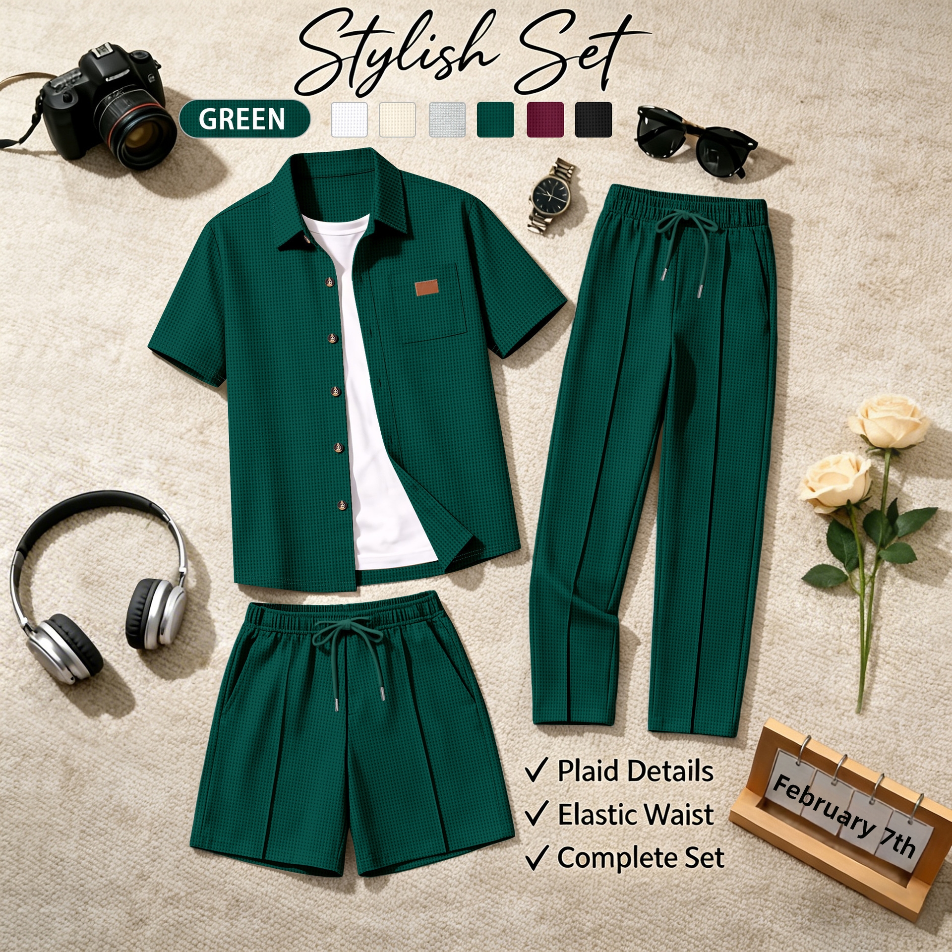 Herren Waffelstrick Dreiteiler Set Für Sommer Und Frühling_voghion.com