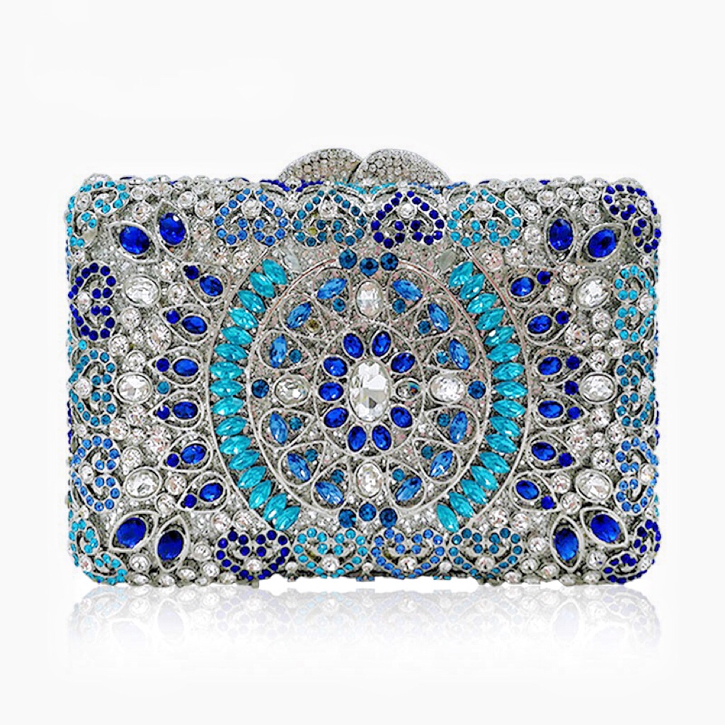 Túi clutch nữ đính đá dạ hội hộp vuông kim loại rỗng phong cách châu Âu — Màu bạc xanh lam, Màu vàng lam, Màu Sâm panh, Màu bạc chi tiết 1