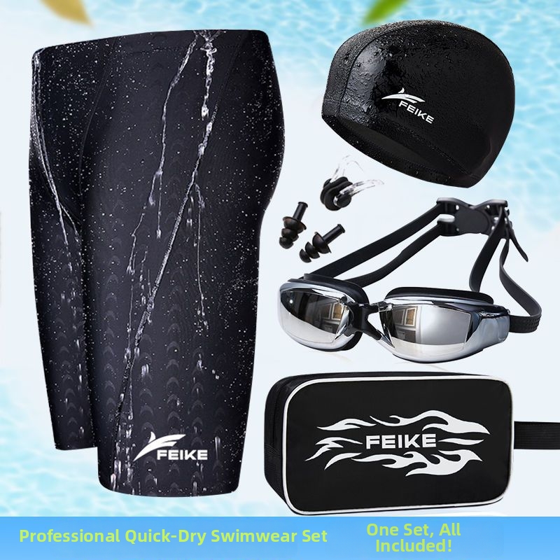 Bañador impermeable de secado rápido para hombre, con imitación de piel de tiburón, gafas y gorro. Conjunto de equipo de natación._voghion.com