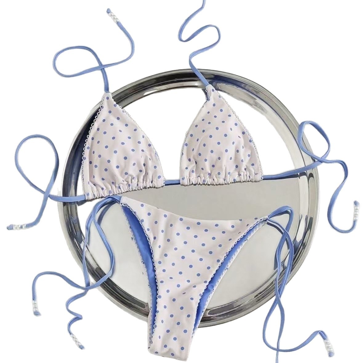 Ensemble bikini à pois bleus, maillot de bain deux pièces pour femme avec bretelles réglables, maillot de bain d'été doux pour la plage_voghion.com