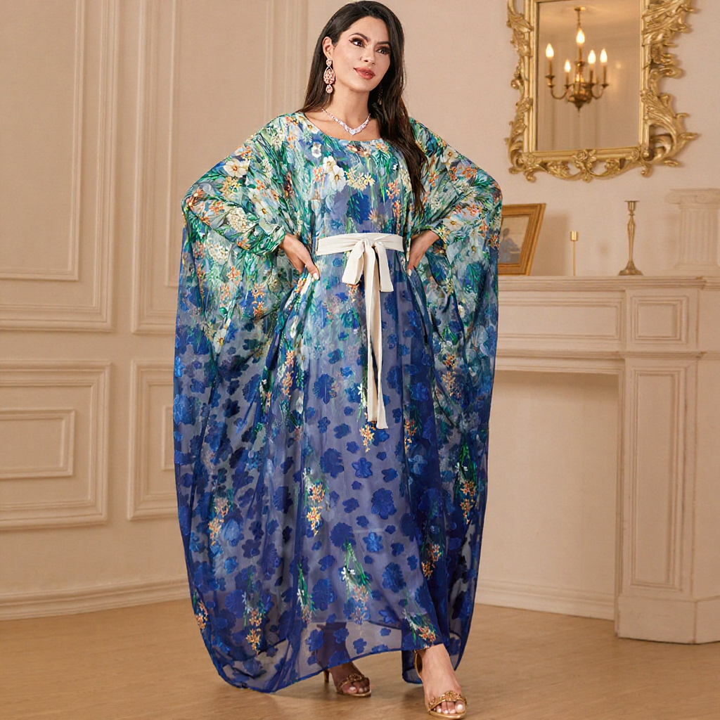 4018 Middle East Cross-Border Large Size Bat Sleeve Dubai Robe Printed Large Size Loose Casual Long-Sleeved Dress