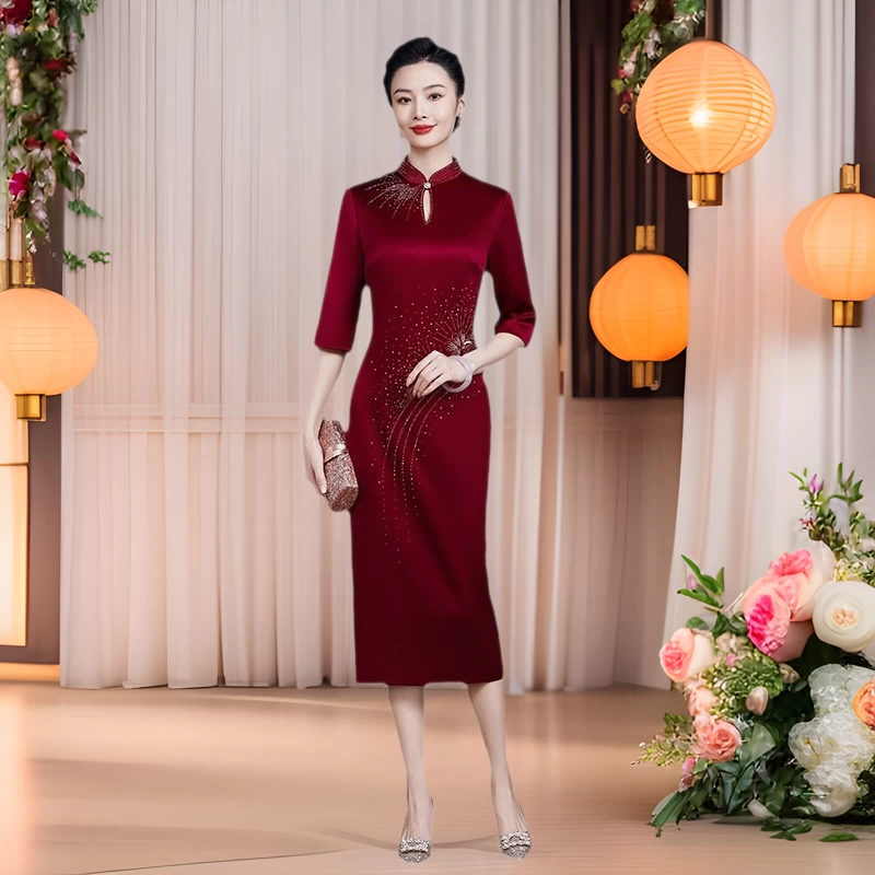 Платье матери свадебное улучшенное платье Чонсам 2024 Весна и осень Новое счастливое свекровь свадебное банкетное платье благородное платье