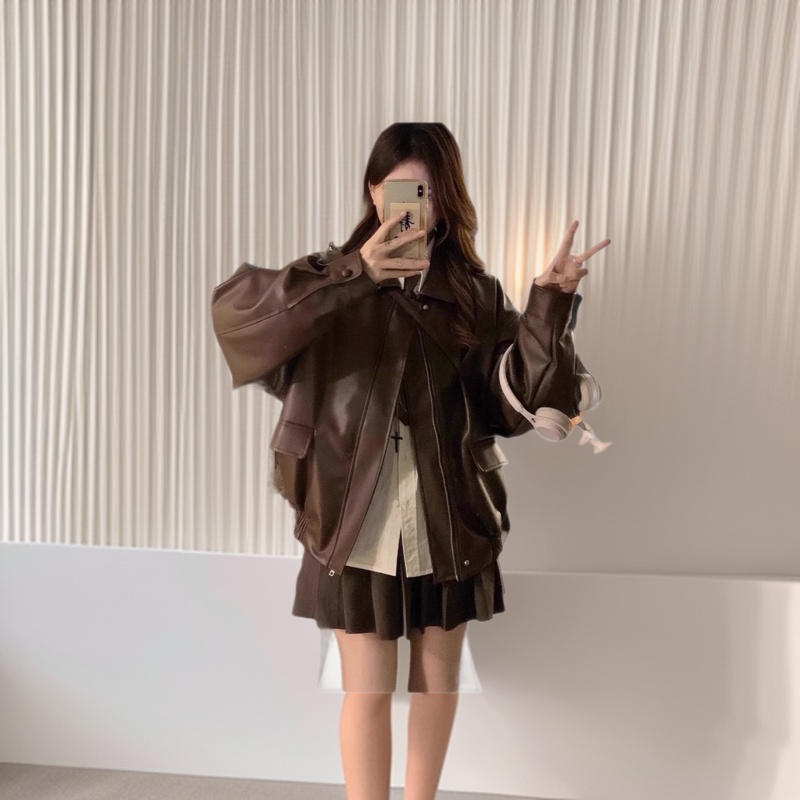 Cross-Border New Women's Autumn and Winter Loose Casual Hong Kong Style Petite Motorcycle Pu Leather Jacket Wholesale Trendy