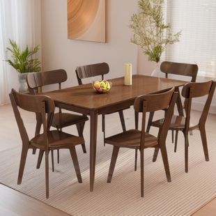 Nordic Solid Wood Dining Table Walnut Color Rectangular Dining Table Household Small Apartment Simple Modern Oak Dining Table and Chair Combination