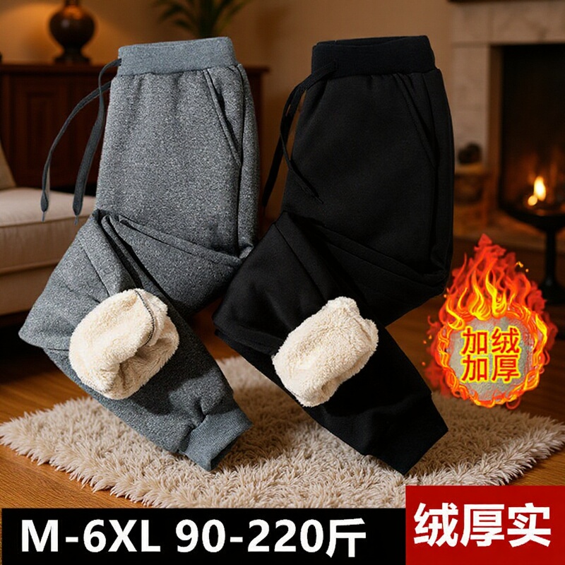 Men's Casual Fleece-lined Pants Autumn and Winter Sweatpants Knitted Pants Winter Middle-aged and Elderly Fleece-lined Thickened Ankle-length Pants