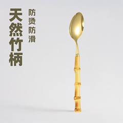 国境を越えた天然竹柄ステンレス食器デザートサラダスプーンフォーク竹節ハンドル洋食ステーキナイフフォークスプーン茶スプーン