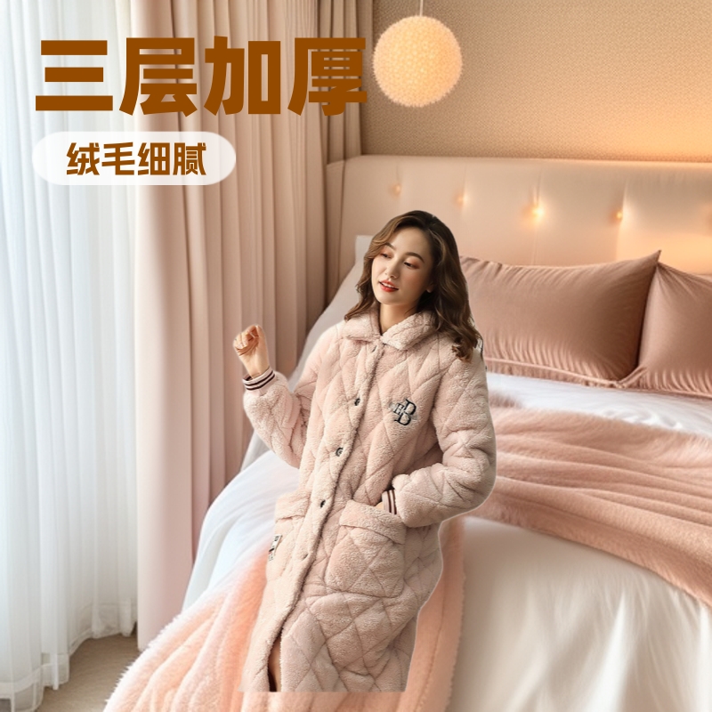 珊瑚绒睡袍女秋冬三层夹棉连体睡衣加绒加厚长款冬季纽扣连帽长袍