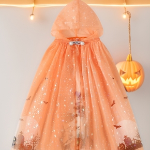 Cross-Border Children's Halloween Hooded Cloak Foreign Trade Children's Orange Pumpkin Broom Cartoon Print Cloak
