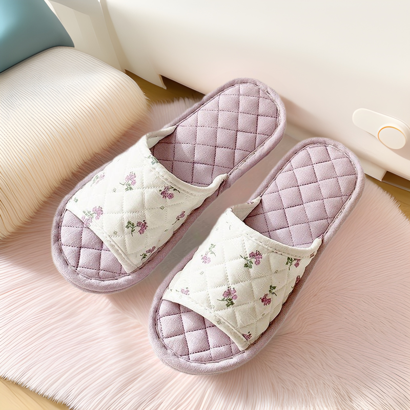 ll new ins korean style fresh floral fabric cotton and linen girl slippers mute non-slip soft cloth bottom home floor